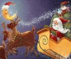Kerstmis slee getrokken door rendieren magische en beladen met geschenken, de Kerstman en een elf