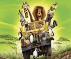 Alex de Leeuw het besturen van een jeep met zijn vrienden Gloria, Melman, Marty en andere protagonisten van de avonturen