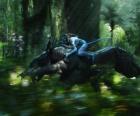 Jake paardrijden een gevleugelde beest bekend als toruk, de meest gevaarlijke schepsel van Pandora.