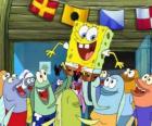 SpongeBob begroet door de inwoners van Bikini Bottom