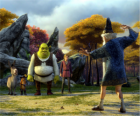 Shrek, de Ogre met zijn vrienden Ezel, Puss in Boots en Arthur, Merlijn kijken