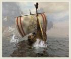 Viking schip of aan longship gezwollen zeil door de wind