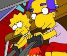 Lisa langs beste vriend Brat, Milhouse spelen met de pedalen van de auto