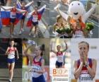 Olga Kaniskina kampioen 20 km snelwandelen, Anisia Kirdiapkina en Vera Sokolova (2e en 3e) van het Europees Kampioenschap Atletiek 2010 in Barcelona