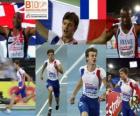 Christophe Lemaitre 100m kampioen Mark Lewis-Francis en Martial Mbandjock (2e en 3e) van het Europees Kampioenschap Atletiek 2010 in Barcelona