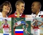 Alexander Shustov kampioen hoogspringen, Ivan Ujov en Martyn Bernard (2e en 3e) van het Europees Kampioenschap Atletiek 2010 in Barcelona