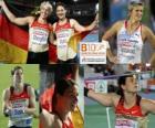 Linda Stahl kampioen in het speerwerpen, Barbora Spotakova en Christina Obergfoll (2e en 3e) van het Europees Kampioenschap Atletiek 2010 in Barcelona