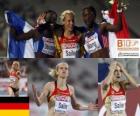 Verena Sailer 100m kampioen, en Myriam Soumare Veronique Mang (2e en 3e) van het Europees Kampioenschap Atletiek 2010 in Barcelona