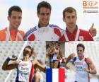 Decathlon kampioen Romain Barras, Eelco Sintnicolaas en Andrei Krauchanka (2e en 3e) van het Europees Kampioenschap Atletiek 2010 in Barcelona