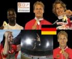 Christian Reif verspringen kampioen, en Chris Tomlinson Kafétien Gomis (2e en 3e) van het Europees Kampioenschap Atletiek 2010 in Barcelona