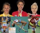 Blanka Vlasic kampioen hoogspringen, Emma Green en Ariane Friedrich (2e en 3e) van het Europees Kampioenschap Atletiek 2010 in Barcelona