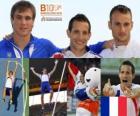 Renaud Lavillenie kampioen polsstokhoogspringen, en Przemyslaw Masuryk Maxym Czerwi&#324;ski (2e en 3e) van het Europees Kampioenschap Atletiek 2010 in Barcelona