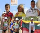Balciunaite zivile Marathon kampioen, Nailia Yulamanova en Anna Incerti (2e en 3e) van het Europees Kampioenschap Atletiek 2010 in Barcelona