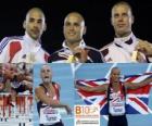 Andy Turner 110m horden kampioen, Garfield Darien en Daniel Kiss (2e en 3e) van het Europees Kampioenschap Atletiek 2010 in Barcelona