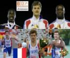 Christophe Lemaitre van 200 m kampioen, Christian Malcolm en Martial Mbandjock (2e en 3e) van het Europees Kampioenschap Atletiek 2010 in Barcelona