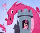 Prinses in haar kasteel bewaakt door een grote draak