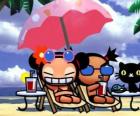 Pucca, Garu en Mio kat op het strand