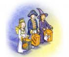 Drie kinderen gekleed voor truc of behandeling - Een spook, een heks en een duivel met de tassen