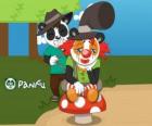 Panfu clown zittend op een paddestoel, terwijl een ander vervelend panda