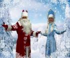Snegoerotsjka of het Sneeuwmeisje en Vadertje Winter of Grootvadertje Vorst, de Russische traditionele kerst karakters