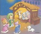 De Drie Koningen het leveren van hun gaven, goud, wierook en mirre, om het kindje Jezus