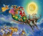 Kerstman de slee vliegen over huizen tijdens kerstavond