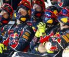 Red Bull mechanische kijken naar de race