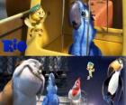 Blu samen met andere personages in de film Rio