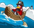 Kapitein Rockhopper en zijn huisdier in zijn boot in de Club Penguin