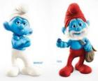 Twee personages in de film de Smurfen - Moppersmurf en Grote Smurf -