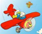 Smurf en Smurfin een vliegende een rode vliegtuig