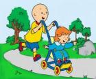 Caillou het nemen van een wandeling met zusje in de wandelwagen