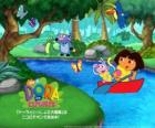Dora en haar vriend laarzen aap op een boot