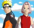 De hoofdpersonen Naruto Uzumaki en Sakura Haruno glimlachen