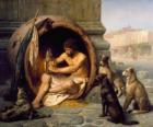 De Griekse filosoof Diogenes van Sinope, binnen zijn vat, op de straten van Athene