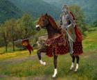 Ridder met helm en armor en met zijn speer klaar gemonteerd op zijn paard