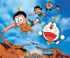 De kat Doraemon met zijn vrienden Nobita, Shizuka, Suneo en Takeshi
