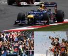 Mark Webber viert zijn wictory in de Britse Grand Prix 2012
