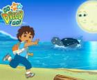 Diego op het strand en een zeeschildpad in water