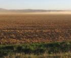 Oeral landschap met een geploegd veld op de voorgrond