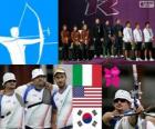 Podium mannen boogschieten teams, Italië, Verenigde Staten en Korea in het zuiden - Londen 2012-