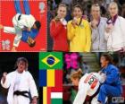 Podium Judo vrouwen - 48 kg, Sarah Menezes (Brazilië), Alina Dumitru (Roemenië), Charline Van Snick (België) en Eva Csernoviczki (Hongarije) - Londen 2012 -