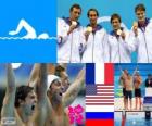Podium 4 X 100 m vrij man, Frankrijk, Verenigde Staten en Rusland - Londen 2012 - zwemmen