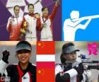Podium schieten, vrouwen 10 m luchtgeweer, Yi Siling (China), gemakkelijk Bogacka (Polen) en Yu Dan (China)