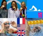 Zwemmen vrouwen 400 m vrije stijl podium, Camille Muffat (Frankrijk), Allison Schmitt (Verenigde Staten) en Rebecca Adlington (Verenigd Koninkrijk) - Londen 2012 -