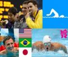 Zwemmen 400 m individueel wisselslag mannen podium, Ryan Lochte (Verenigde Staten), Thiago Pereira (Brazilië) en Kosuke Hagino (Japan) - Londen 2012-