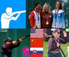 Podium vrouwen Skeet schieten, Kim Rhode (Verenigde Staten), Wei Ning (China) en Barbara Bartekova (Slowakije) - Londen 2012-