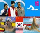 Zwemmen, mannen 400 meter vrije stijl podium, Sun Yang (China), Park Tae-Hwan (Zuid-Korea) en Peter Vanderkaay (Verenigde Staten) - Londen 2012-