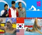 Zwemmen, mannen 400 meter vrije stijl podium, Sun Yang (China), Park Tae-Hwan (Zuid-Korea) en Peter Vanderkaay (Verenigde Staten) - Londen 2012-