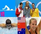 Zwemmen vrouwen 100 meter vlinderslag podium, Dana Vollmer (Verenigde Staten), Lu Ying (China) en Alicia Coutts (Australië) - Londen 2012-